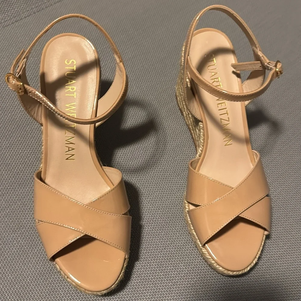 Stuart Weitzman Rosemarie Patent Leather Platform Espadrille Wedge Sandals, new - Picture 2 of 6
